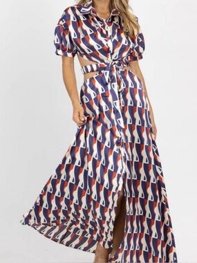 MULLA Parisian Pocket Maxi Dress Blue Geometric Print Tie-Front Size Large
